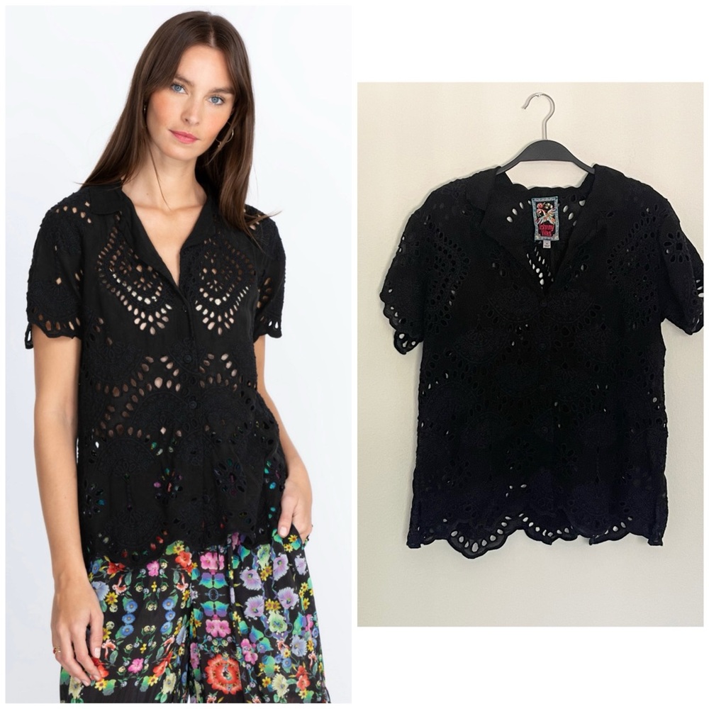Johnny Was Marietta Cooper Button Up Black Eyelet Blouse Womens Medium